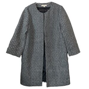 Lark & Ro Tweed Knit Open Front Collarless Long Coat Jacket Gray Black Size 8